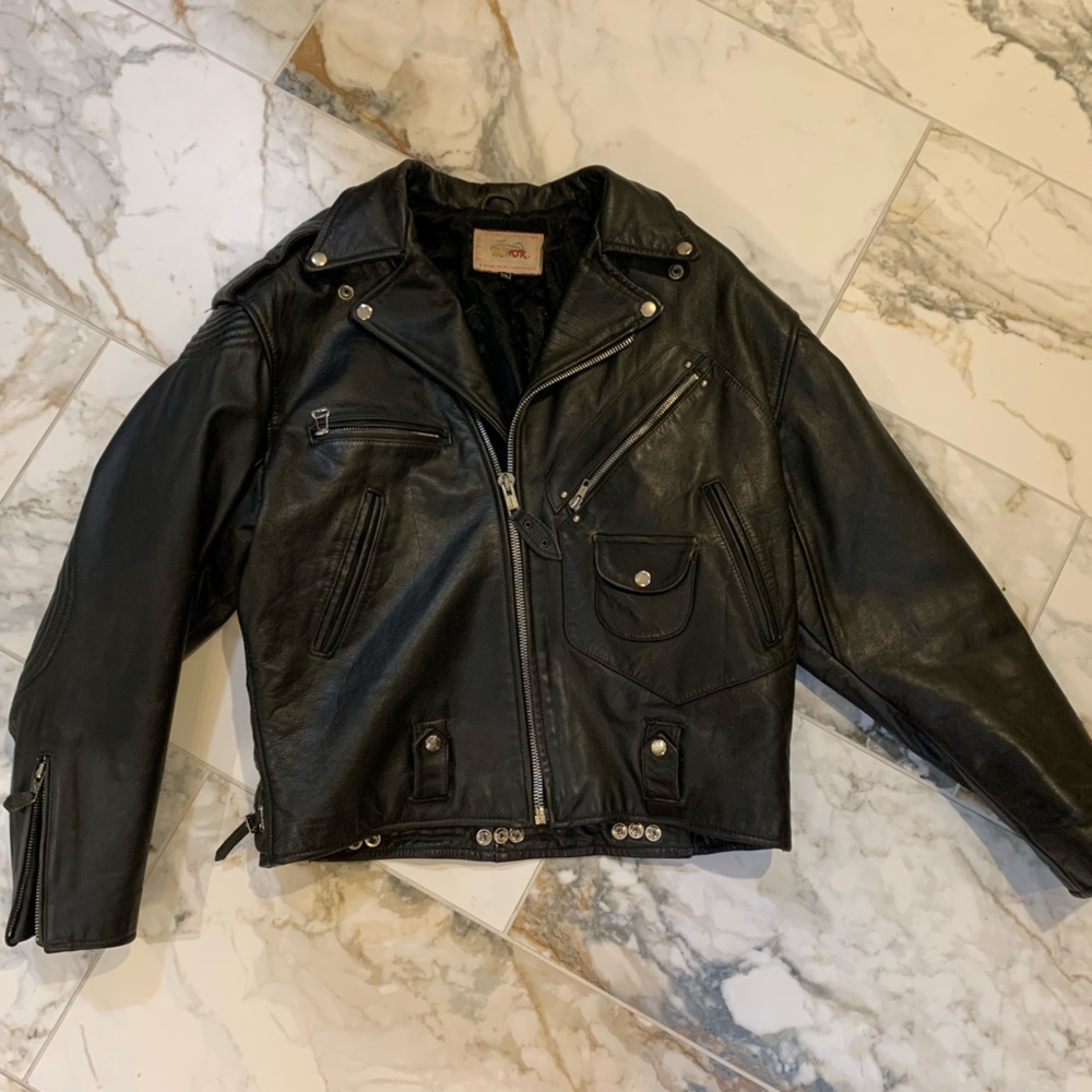 Men’s Lee Trevor black leather moto jacket L